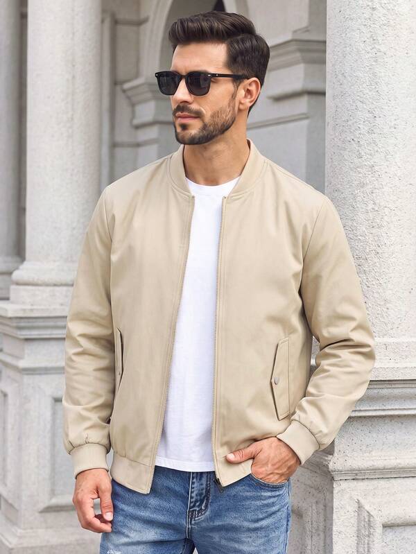 Casual Khaki Pilot Jacket With Stand Collar, Full Zip, Lightweight Ribbed Hem And Cuffs, Slanted Pockets, Suitable For Spring And Autumn Daily Wear