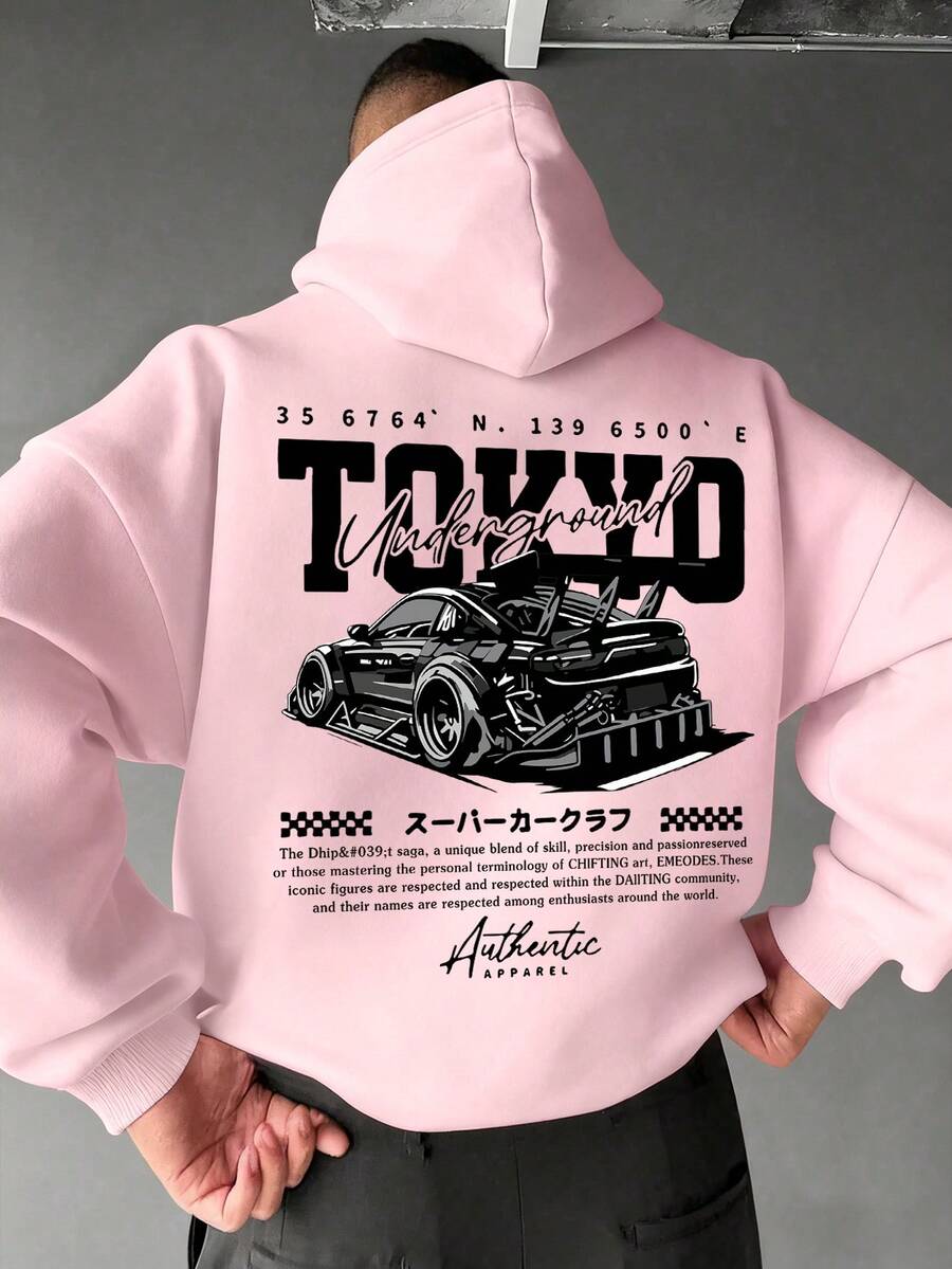 Men's Autumn/Winter Casual Fashion Versatile Streetwear Racing Element Slogan Print Kangaroo Pocket Drawstring Hoodie - Pink - View 1