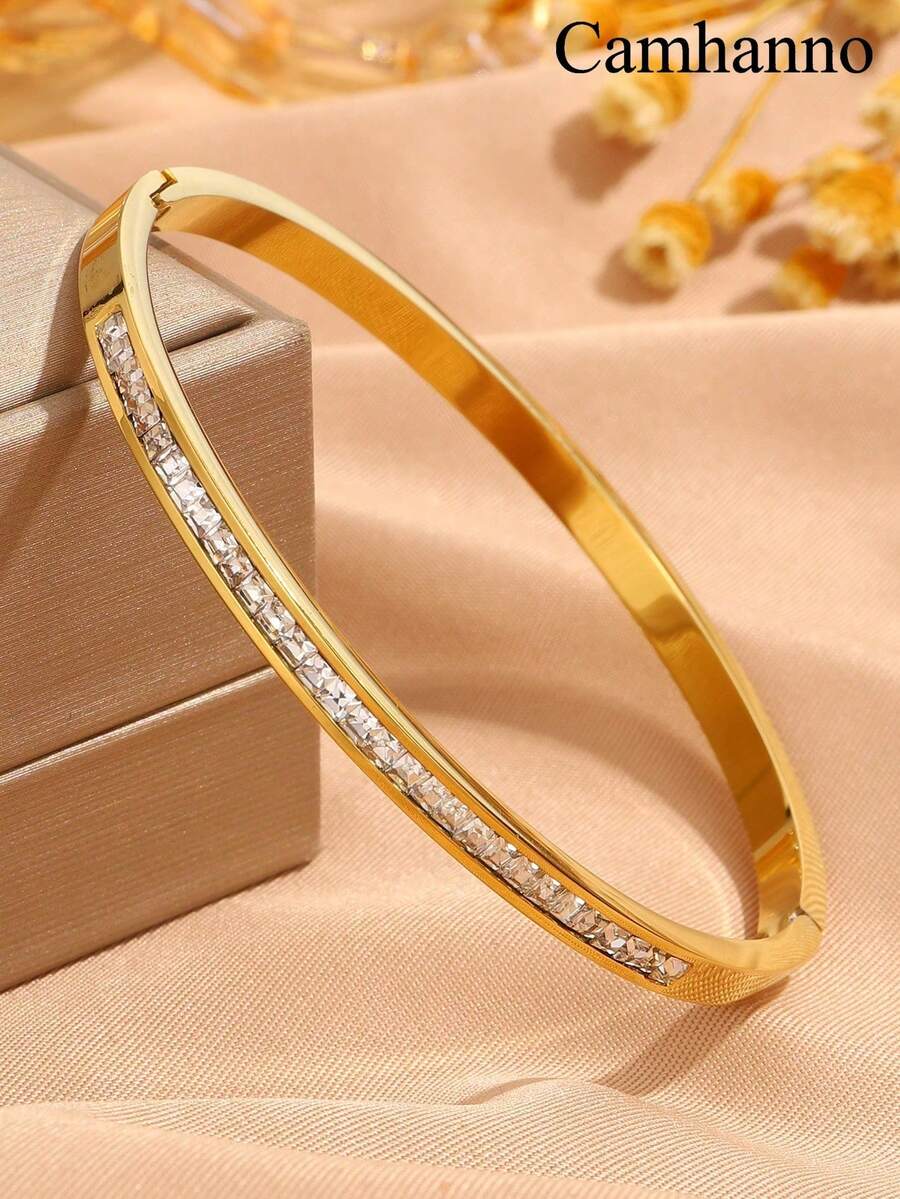 1 Pieza Moderno Brazalete De Acero Inoxidable Y Circonita Cúbica Adecuado Para Mujeres