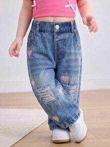 Baby Girl Denim Long Pants, All Season Casual Cute Mid-Blue Distressed Washed Ripped Distressed Frayed Hem Pink Heart Embroidery Elastic Waist Loose Wide Leg Comfortable Soft Premium Cotton Denim Fabric - Medium Wash - View 9