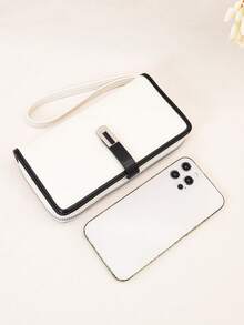 Women's Mini Handheld Phone Wallet, Exquisite Snap Closure, Colorblock Patchwork, Soft PU Long Wallet, Multi-Functional Large Capacity ID Card Holder, Zipper Coin Purse, Lightweight And Fashionable - Black and White - View 7