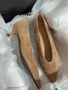 2026 New Plus Size Women's Pointed Toe V-Neck Low Heel Slip-On Elegant Low Vamp Pumps - Khaki - View 4