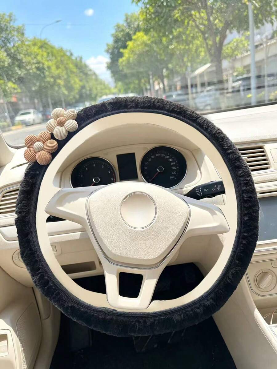 1PC Puff Flower Plush Steering Wheel Cover, Black Plush Steering Wheel Cover With Cute 3D Flower Decoration - Steering Wheel Cover - View 1