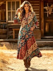 Women's Spring/Autumn Fashion Casual Vintage Western Style V-Neck Printed Long Sleeve Dress - Army Green - View 3