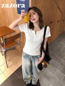 White Thin Low Neck Short Sleeve T-Shirt Women Korean Style Slim Fit Cropped Top - White - View 5