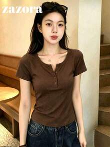 Brown Thin Low Neck Short Sleeve T-Shirt Women Korean Style Slim Fit Cropped Top - Brown - View 6