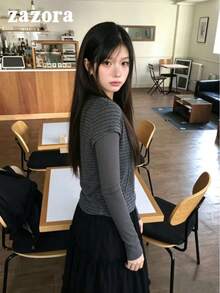 Korean Vintage Patchwork Striped 2 In 1 Long Sleeve Turtleneck Top For Women, Knitted Base Layer Autumn Innerwear - Dark Grey - View 5