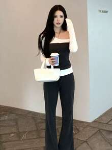 Women's Fashion 2-In-1 Asymmetric One-Shoulder Long Sleeve Top, Front Button Design, Autumn Outfit Essential - Dark Grey - View 7