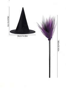 Women Halloween Witch Costume Accessory Set, Pointed Witch Hat & Tulle Broom Prop, Cosplay Fancy Dress Supplies For Halloween Party Masquerade - Multicolor - View 5