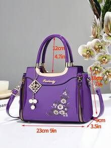 Women 3‑Piece Floral Embroidered Handbag Set, Patent Leather Top‑Handle Satchel Crossbody Bag With Purse & Card Holder - Violet Purple - View 3