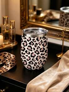 1pc/5pcs 12oz Stainless Steel Insulated Wine/Coffee Cup For Couples, With Sliding Lid, Boyfriend Birthday Gift Holiday Gift Cream Bottom Classic Black Leopard Print Egg-Shaped Insulated Water Cup, Fashionable Leopard Print Portable Drinking Cup, Suitable For Party, Daily Use And Gift Queue Gathering Photo Lovers Sisters All Seasons - Multicolor - View 6