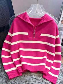 Autumn/Winter New Zipper Women Striped Knit Sweater, Fashion Minimalist Pullover, Versatile Fall - Hot Pink - View 3