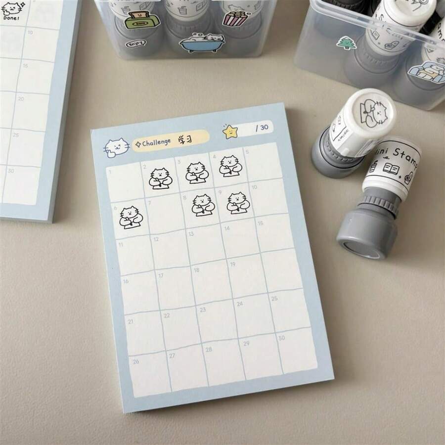 Kawaii Cat 30‑Day Challenge Tracker Notepad, Aesthetic Blue Habit Checklist Memo Pad, Daily Goal Planner Sheet For Journal Supplies - one-size - View 1