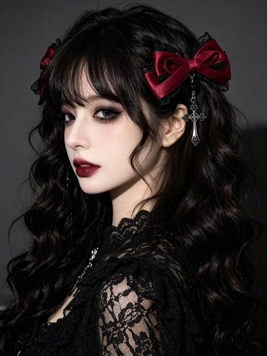2件組女款蕾絲緞帶深色哥德風十字髮飾髮夾,適合節日裝扮與哥德愛好者日常配戴 - 彩色 - 查看 1