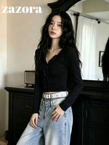 Korean Style Niche Exquisite 3D Ruffle Trim Long Sleeve T-Shirt For Women, Unique Inner Layer Top - Black - View 3