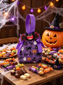 5/8/12 Pcs Halloween Candy Bags Drawstring Tote With Handles And Free Plush Doll, 100% Fabric Small Reusable Gift Bags For Trick Or Treat, Party Favors, Candy Storage, Assorted Pumpkin Ghost Bat Patterns - A - View 4