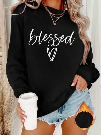 Plus Size, Women's "Blessing" Heart Print -Lined Crew Neck Sweatshirt- Comfortable Casual Autumn Winter Pullover, Machine Washable Daily Top, Cute Lon