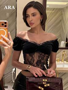 ARA CHIC Women Off Shoulder Velvet Lace Crop Top, Black Fall Puff Sleeve Sheer Fitted Top For Nightclub Halloween Holiday Party - Black - View 1