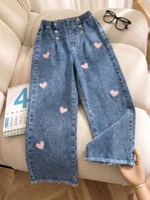 1pc Tween Girls Heart Embroidery Wide Leg Denim Jeans, Frayed Hem Double Button Design, Elastic Waist Casual Loose Straight Leg Long Pants - Medium Wash - View 2