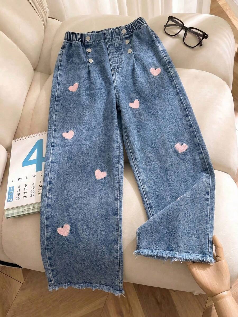Girls Heart Embroidered Washed Denim Jeans, Baggy Wide Leg Pants With Elastic Waist - Medium Wash - View 1