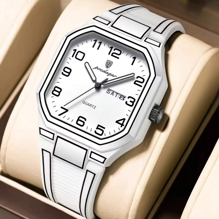 POEDAGAR Men's Luminous Waterproof Dual Calendar Minimalist Line-Edge Design Watch, Casual Business Watch, Fashionable Silicone Strap Quartz Watch