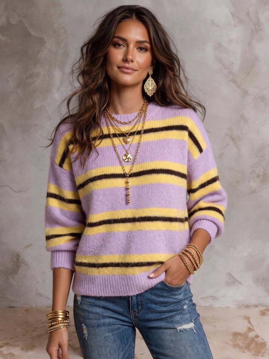 Women's Plus Size Lavender Yellow Striped Pullover Sweater, Long Sleeve, Regular Fit, Medium Stretch Fabric, Suitable For Spring Wear, Casual Preppy Style - Multicolor - View 1