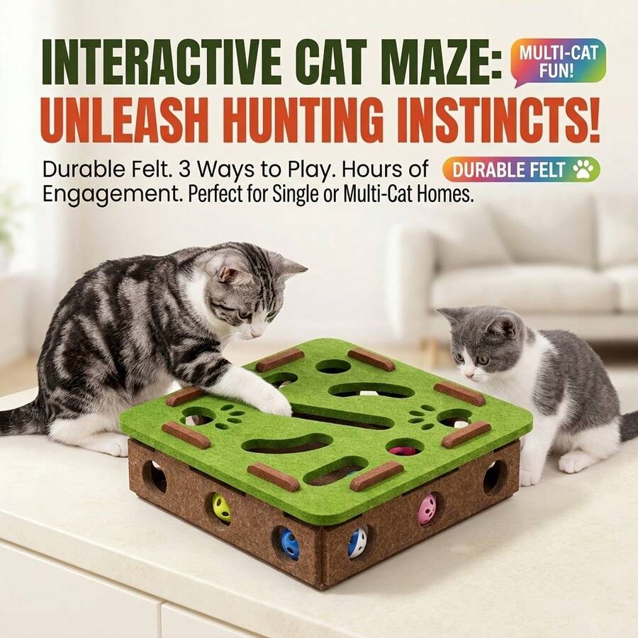 Multifunctional Felt Cat Treasure Hunt Puzzle Toy Box, Tool-Free No-Assembly Cat Maze Ball-Retrieval Play Tray, Detachable Top Cover For Quick Cleaning And No Cat Hair Trapping! Durable Scratch-Resistant Thickened Felt Material, Resistant To Cat Scratching And Biting With No Shedding, Smooth Rounded Edges With Hollow Paw Print Design For Enhanced Safety (Ball Color Random)