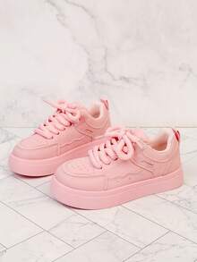1 Pair Kids Thick Sole Casual Skate Shoes, Chunky Laces, Wavy Stitching Design, Breathable, Non-Slip, Soft Bottom, Versatile Daily Sports Shoes - Pink - View 5