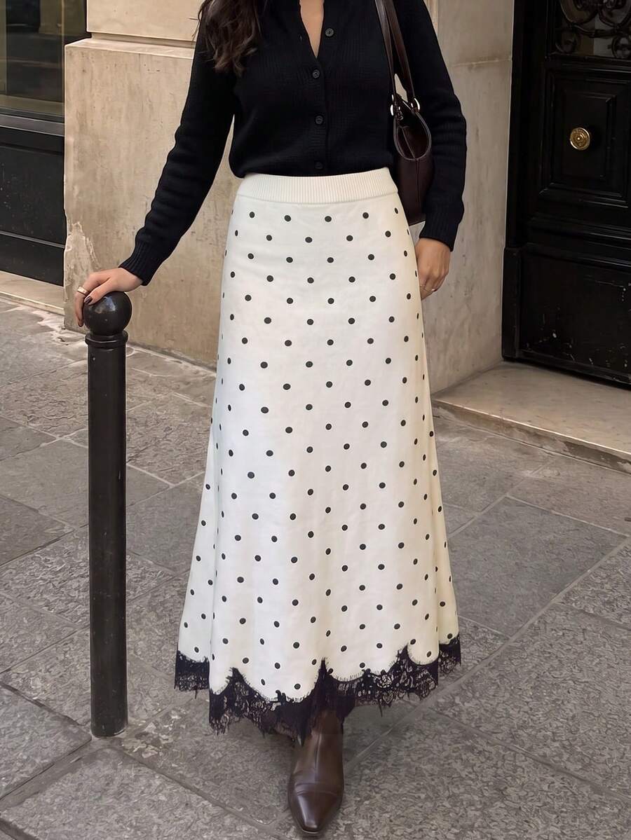 Women's Polka Dot Pattern Contrast Lace Elegant Knitted Midi Skirt - White - View 1