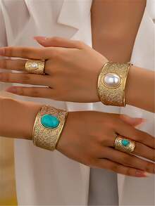 2pcs/Set European & American Fashion Exaggerated Faux Pearl Ring & Open Cuff Bracelet Jewelry Set For Women - Yellow Gold - View 1