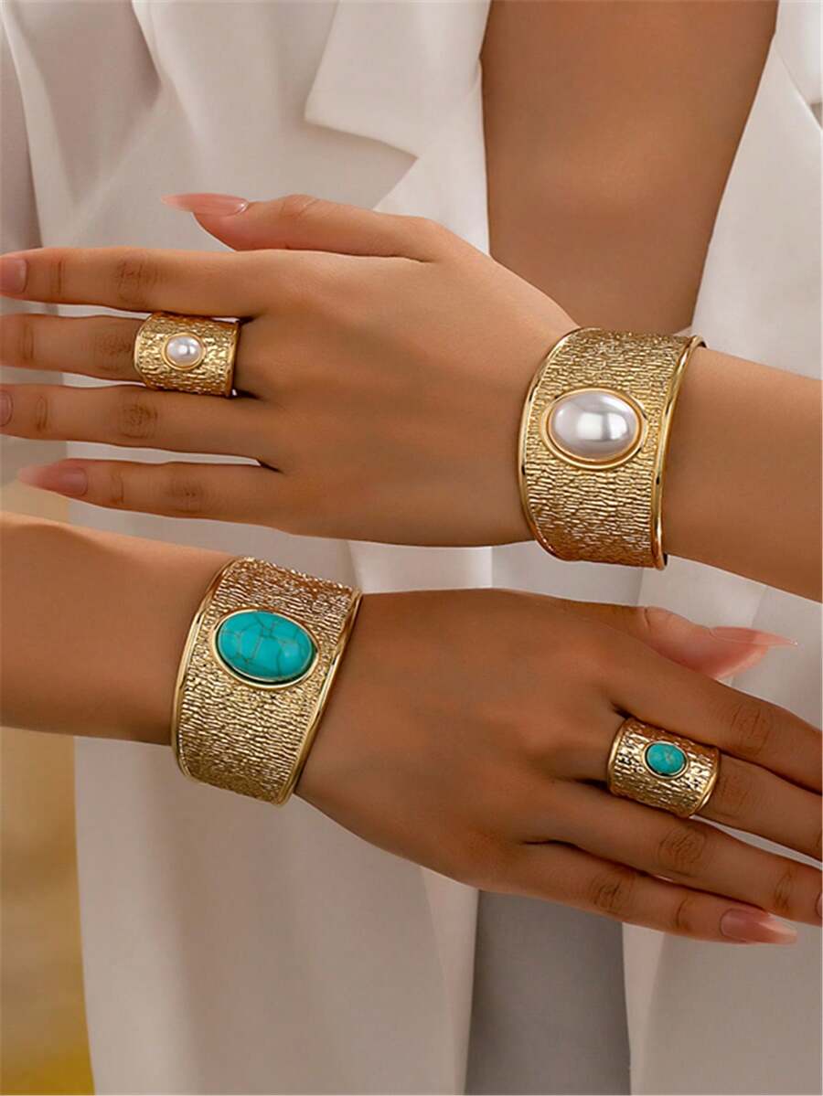 2pcs/Set European & American Fashion Exaggerated Faux Pearl Ring & Open Cuff Bracelet Jewelry Set For Women - Yellow Gold - View 1