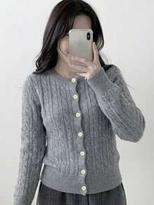 YCYC Autumn/Winter New Design Twisted Rope Button Casual Versatile Long Sleeve Cardigan For Women - Grey - View 1