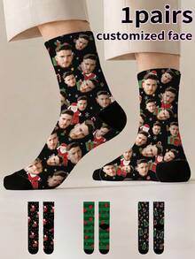 1 Pair Print Funny Long Socks,Can Customize Photos,Interesting Couple Design Socks,Suitable For Valentine's Day,Birthday,Christmas And Other Occasion - Green - View 1