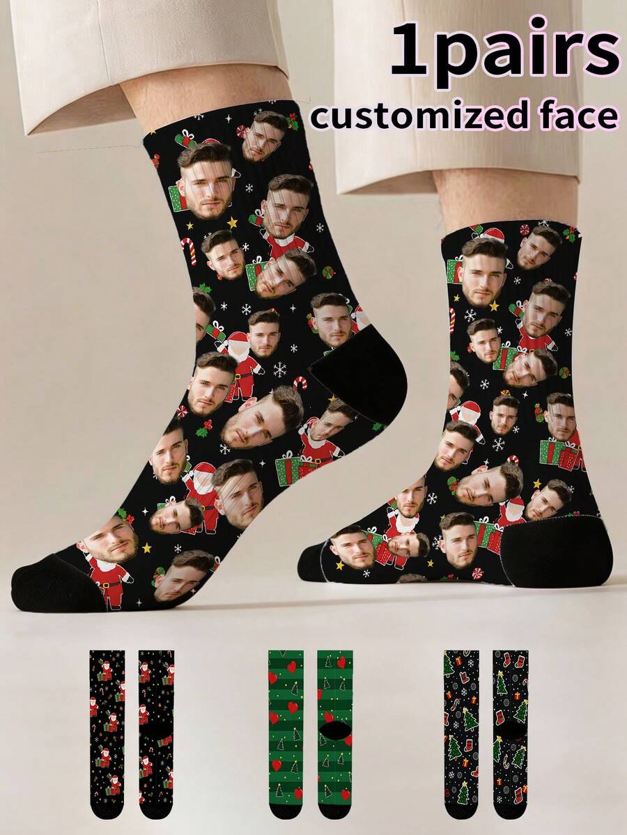 1 Pair Print Funny Long Socks,Can Customize Photos,Interesting Couple Design Socks,Suitable For Valentine's Day,Birthday,Christmas And Other Occasion - Green - View 1