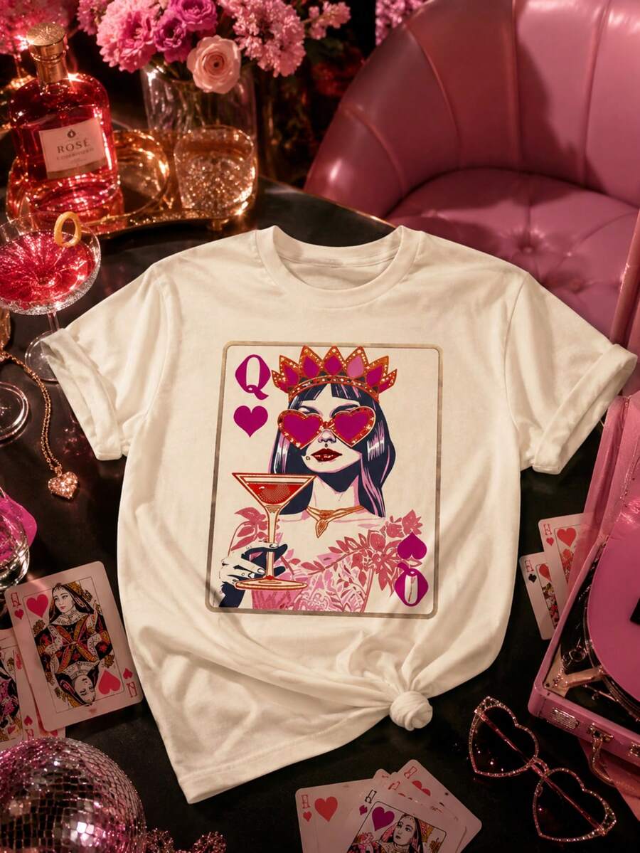 女款「紅心皇后」撲克牌圖案T恤-休閒杏色聚酯纖維布料,純色短袖圓領設計,亮眼撲克牌調酒圖案,適合四季穿著,完美適用日常穿搭、外出、派對、學校、音樂節、度假、通勤等,可作為禮物送給家人、男友、女友、朋友,女孩必備冬季服飾與連帽衫 - 杏色 - 查看 1