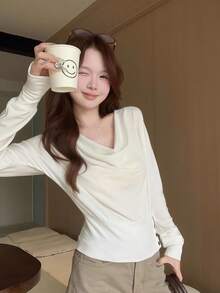 Solid Color Cowl Neck Fitted Long Sleeve T-Shirt Women's Innerwear Top - White - View 8