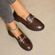 Women's Brown Round Toe Metal Buckle Thick Chunky Heel Loafers Soft Sole Flat Shoes Vintage Commute Spring Autumn All Season - Brown - View 6