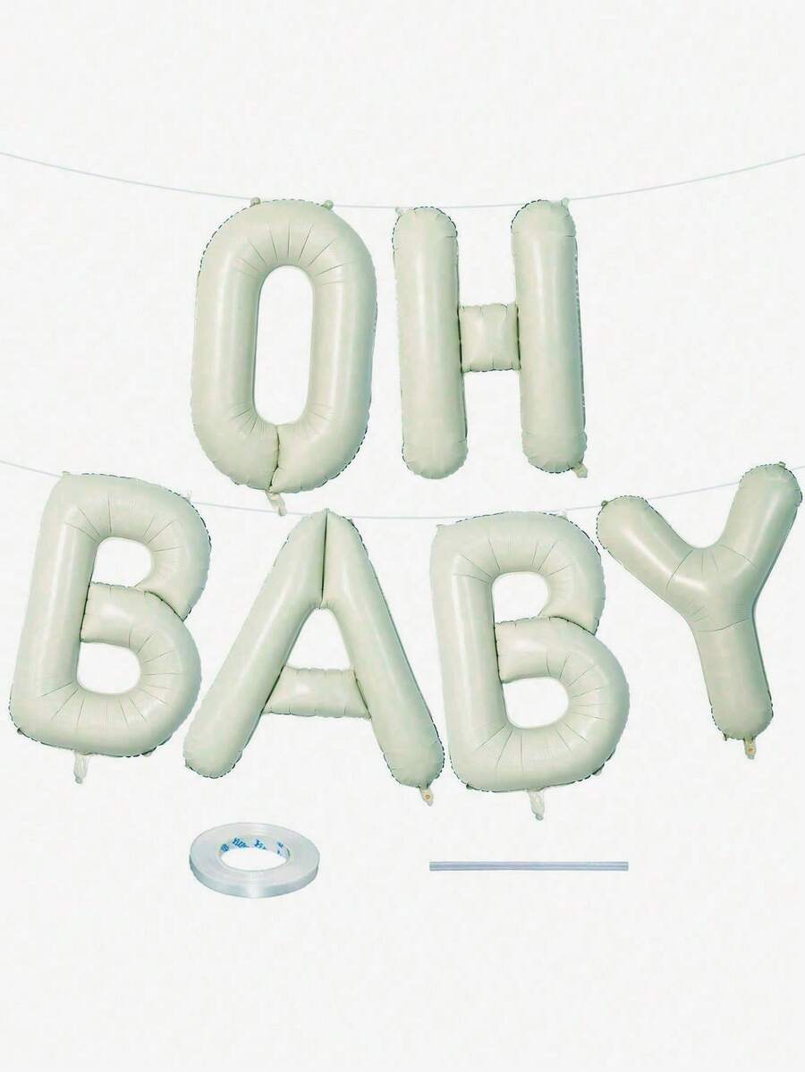 40英寸/16英寸“Oh Baby”字母气球横幅套装 - 象牙色铝箔字母气球，配丝带和吸管，适用于婴儿派对装饰、性别揭晓派对、生日装饰、中性婴儿房庆祝活动、迎婴派对、生日派对、婴儿派对装饰