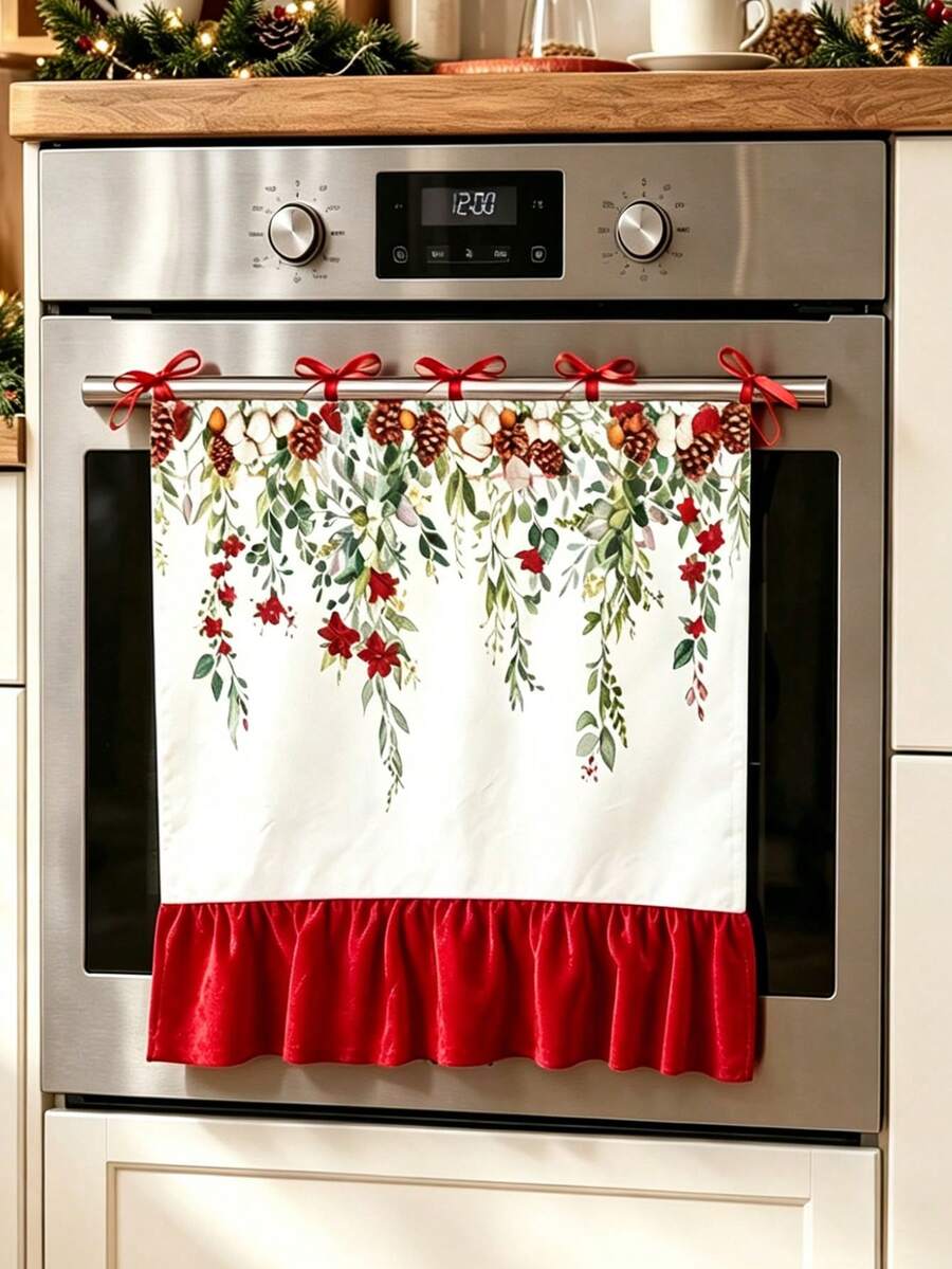 1pc Hanging Pine Cone & Floral Print Oven Door Curtain, With Ribbon Tie Top And Ruffle Hem, Short Kitchen Tier Curtain, Decorative Cover Cloth, Suitable For Stove Oven, Open Cabinet And Small Window, Christmas Country Style Home Decor - Christmas Greenery Red Floral Stove Curtain - View 1