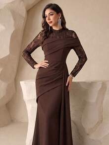 Women's Lace Patchwork Pleated Waist Elegant Evening Gown Wedding Dress - Coffee Brown - View 7