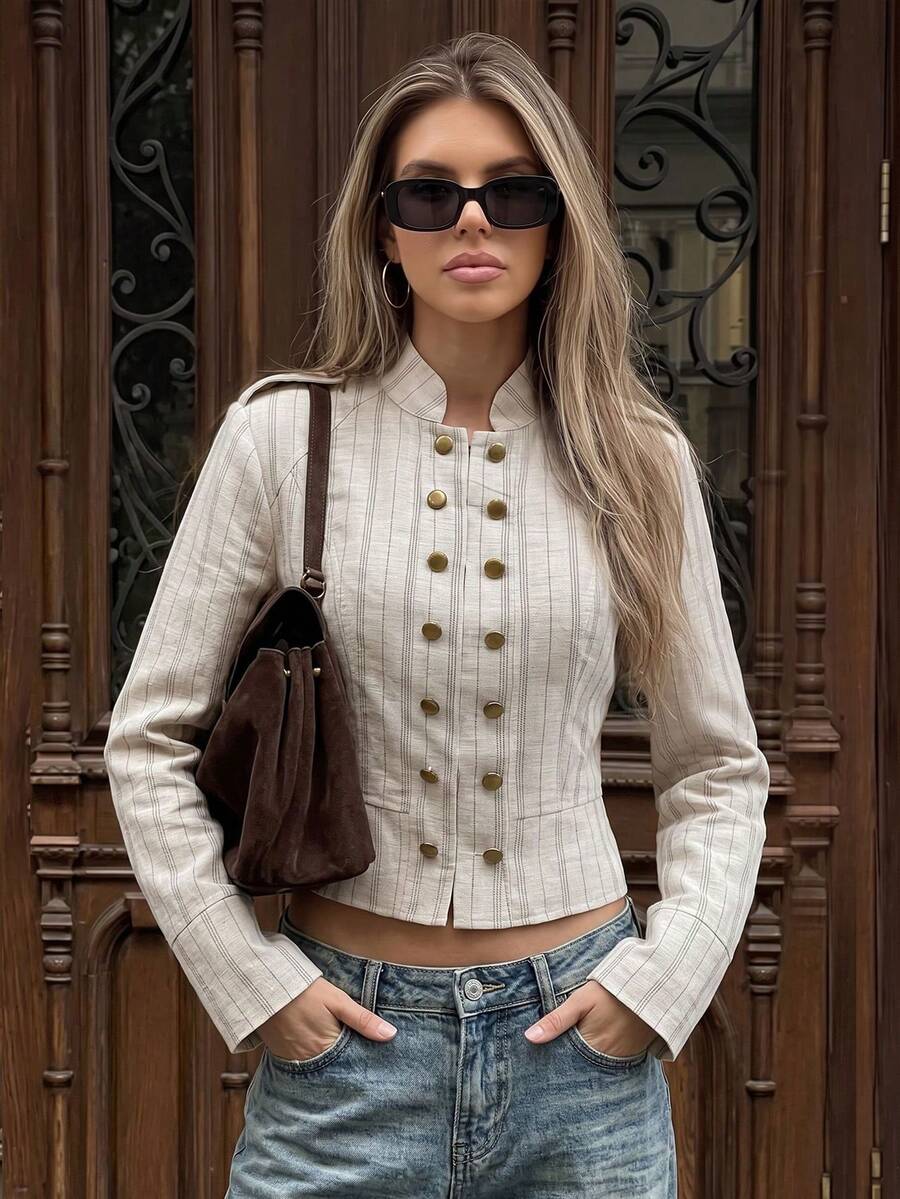 Stand Collar Gold Button Shoulder Epaulette Design Striped Texture Short Jacket, Elegant Long Sleeve Slim Fit Short Women's Outerwear - Apricot - View 1