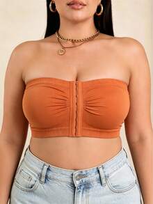 EssElegance Plus Size Strapless Push-Up Bra, Wireless Non-Slip Front Closure Seamless Bandeau Bra, Comfortable Everyday Style - Burnt Orange - View 5