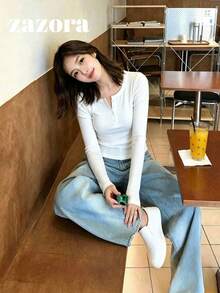 女款極簡純色大圓領長袖T恤，修身彈性打底短版上衣，初秋休閒白色 - 白色 - 查看 3