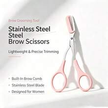 1 Set Stainless Steel Built-In Eyebrow Comb Scissors + 1 Random Pattern Postcard, Elegant Women's Beauty Tool, Easy To Use And Durable, Ideal Gift For Makeup Enthusiasts - Pink - View 2
