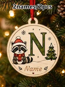 Custom Animal Initial Wooden Christmas Ornament, Personalized Name Round Tree Decor, Festive Raccoon Snowman Holiday Style, Customized Letter Bag Charm, Customizable Name Keepsake, Christmas Decoration, Gifts For Family And Friends, Room Decor - Multicolor - View 13