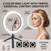 Borriig 12 Inch Desktop Ring Light With 19cm Tripod And Phone Holder, 3 Color Modes Dimmable Beauty Fill Light, Suitable For Live Streaming, Selfie, Makeup - 12-inch Ring Light + 19cm Bracket - View 2