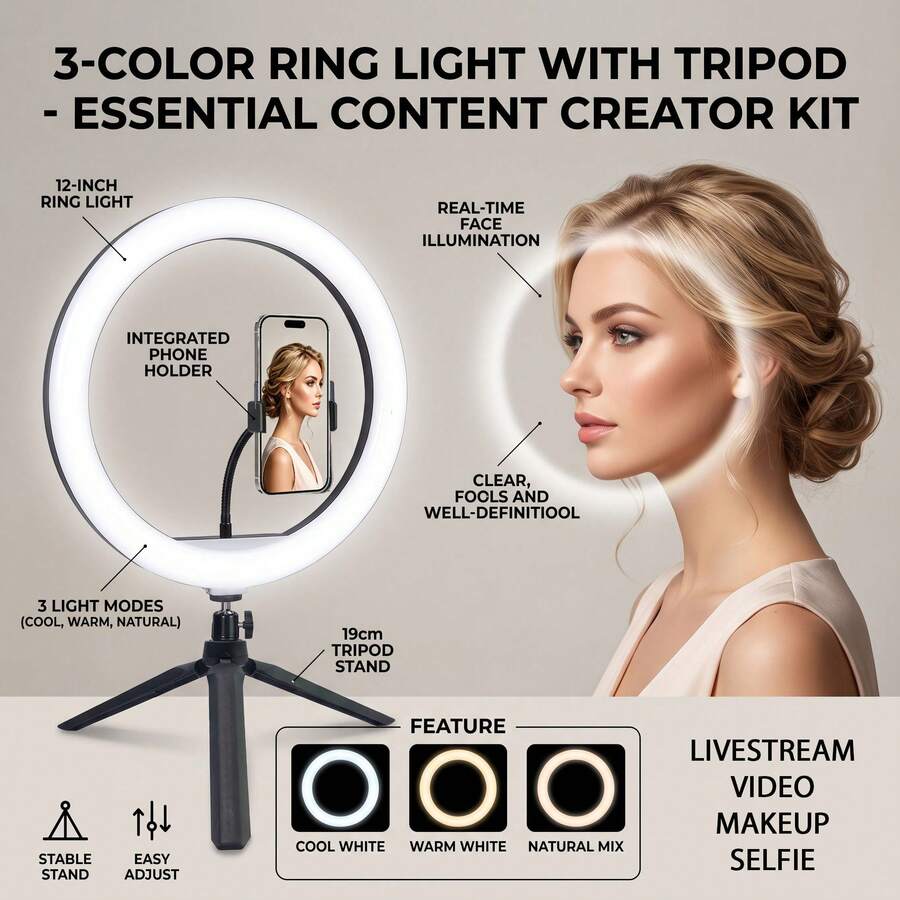 Borriig 12 Inch Desktop Ring Light With 19cm Tripod And Phone Holder, 3 Color Modes Dimmable Beauty Fill Light, Suitable For Live Streaming, Selfie, Makeup