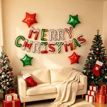 18pcs/Set "Merry Christmas" Letter Balloon Set (Foil), With Red And Green Star Balloons; Suitable For Decorating Christmas Parties, Events And Home Interiors, Also Can Be Used To Create Festive Atmosphere In Store Windows And Walls. - Multicolor - View 7