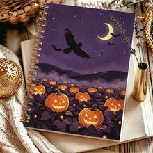DANPERJI 1pc A5 Spiral Notebook, Mystical Halloween Cover, Raven Pumpkin Bats, Nightscape Cover, Writing Diary, Atmospheric Dark‑Holiday Style, Daily Work & Personal Recording, Mind Notes, Personal Reflection Journal - A-nX - View 4