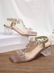 Women's Rhinestone Sandals 2026 Summer New Style Floral Crystal Transparent Chunky Heel Elegant Elegant Suitable For Photography And Dating High Heels - Khaki - View 7